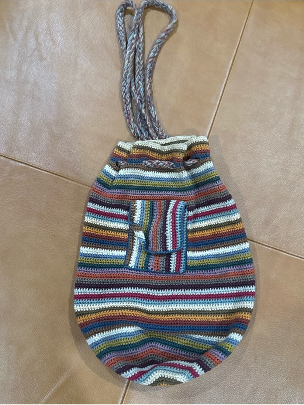 Multicolor Striped Crochet Drawstring Backpack - Casual Boho Style
